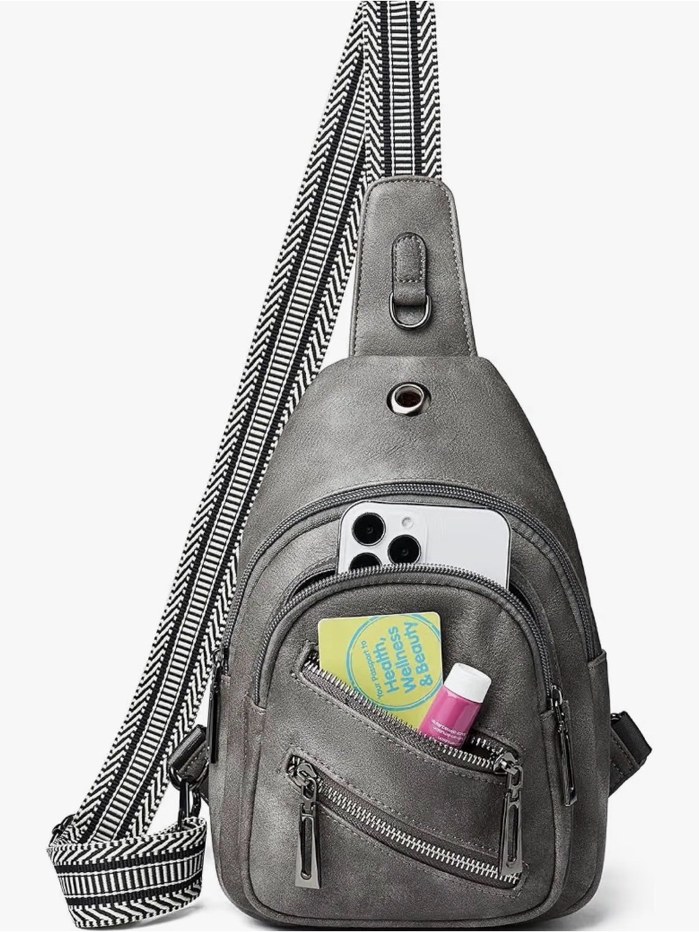 NWT LATMAP Gray Faux Leather Sling Bag Crossbody Chest Backpack Travel Purse